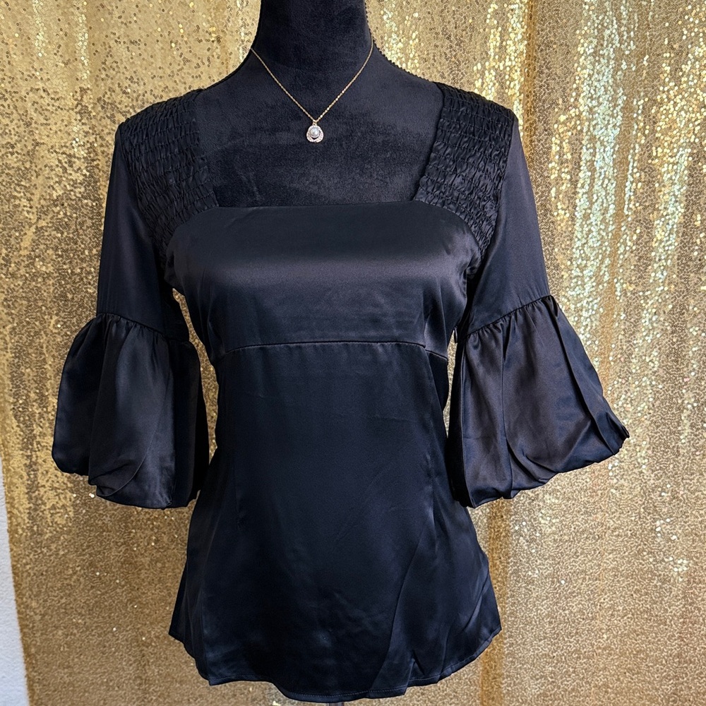 Glam Vintage Soul Black Puff Sleeve Blouse 100% Silk